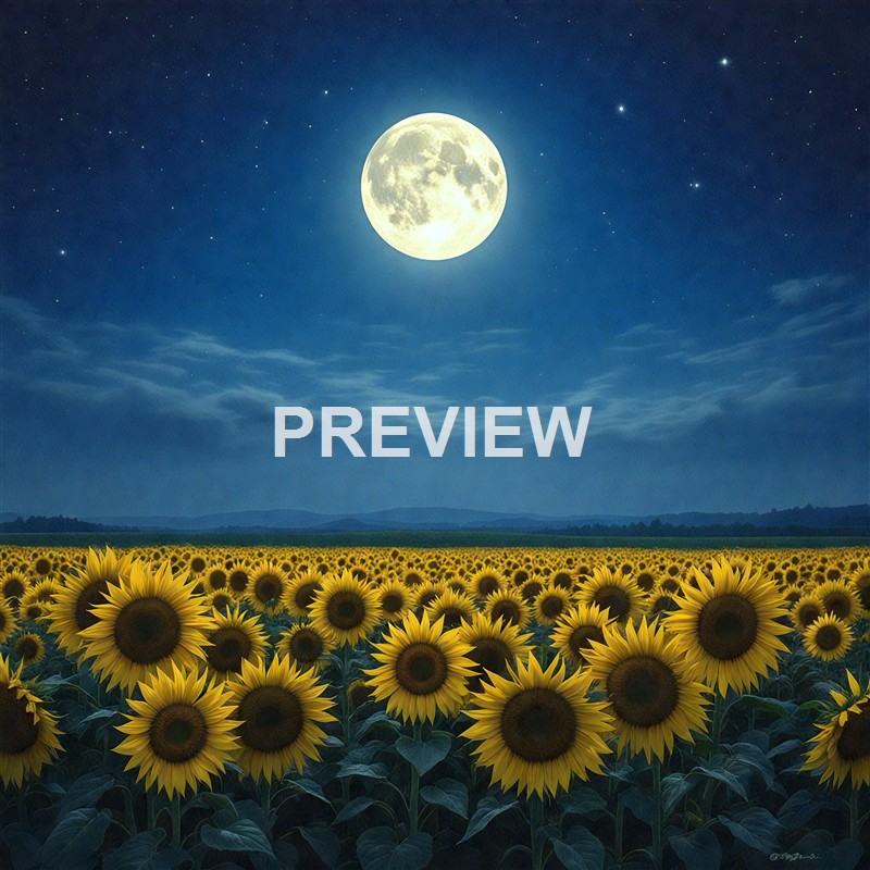 A field of blooming sunflowers under a dark blue night sky illuminated by a bright full moon and scattered stars.